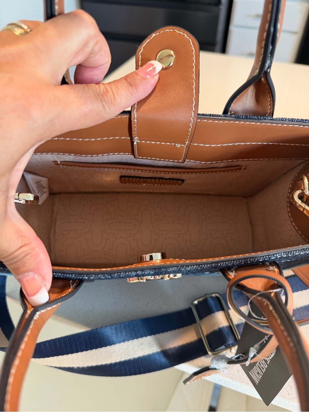 True Religion Navy Denim Tote with Tan Leather Handles - Picture 10 of 10